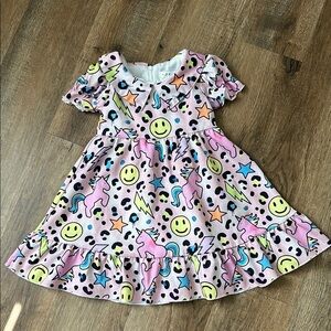 Lola+The Boys,Pink Dress with Unicorn and Smiley Print